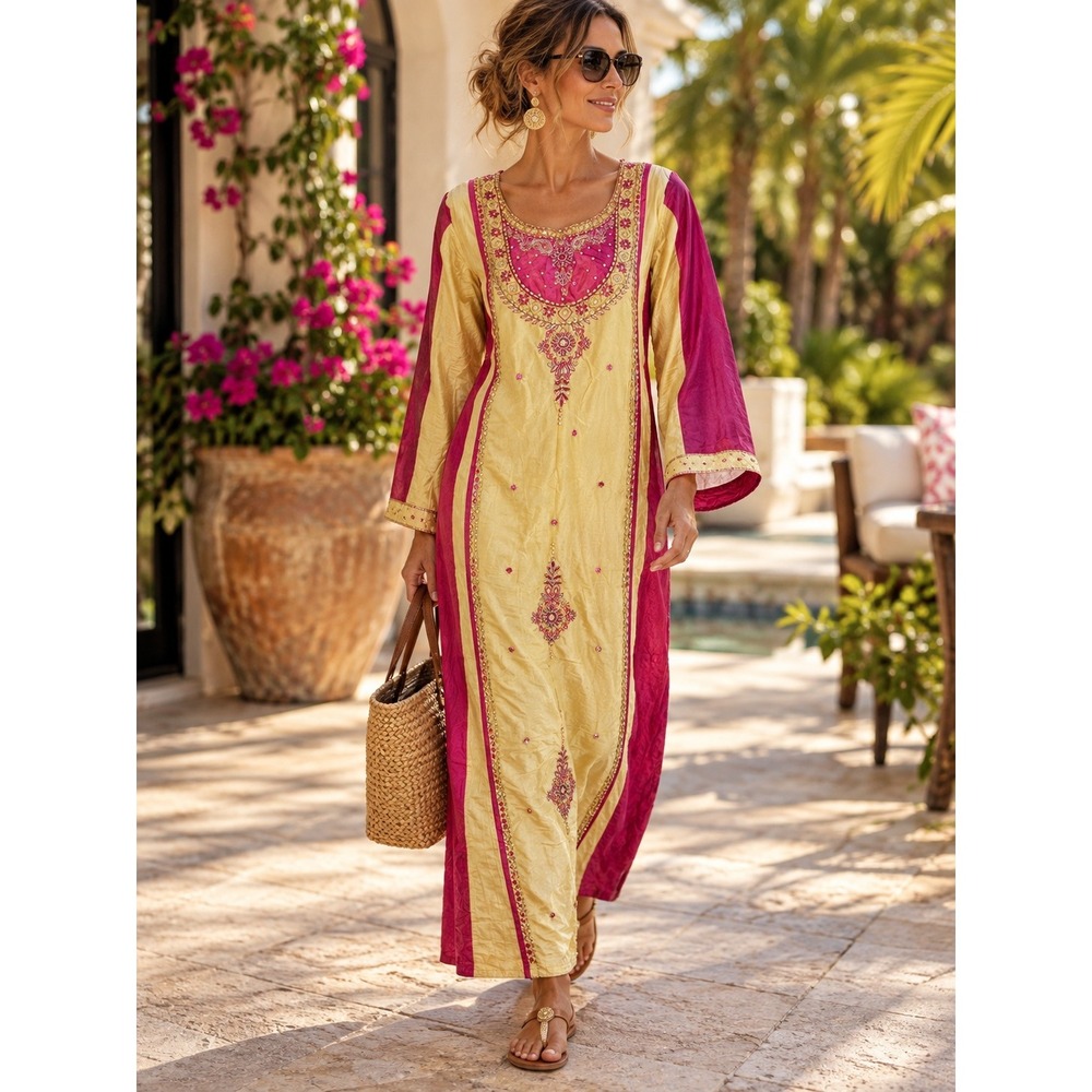 Indian Embroidered Maxi Dress Magenta Gold Beaded Sequin Full Sleeve Kaftan